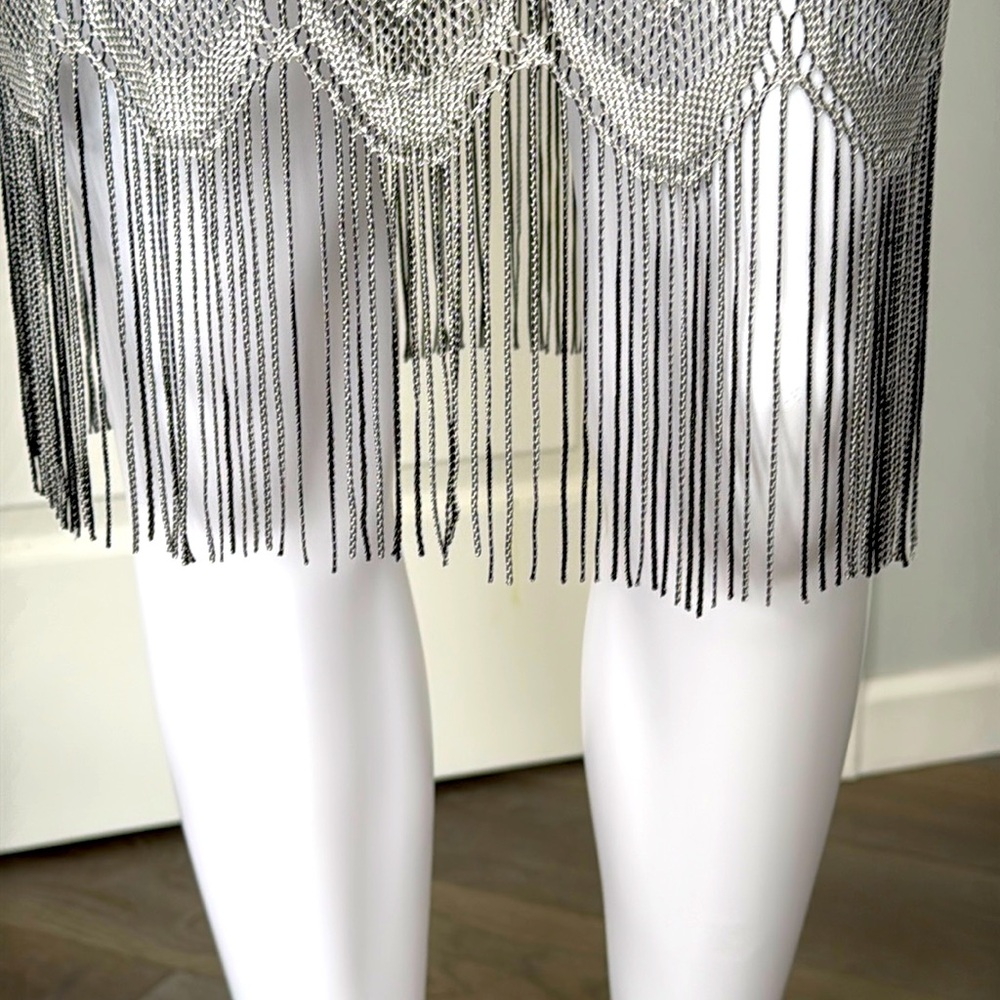 Silver Lace Crochet Bodycon Lined Dress with Fringe Hem Scoop Neck Sleeveless S - Picture 9 of 11